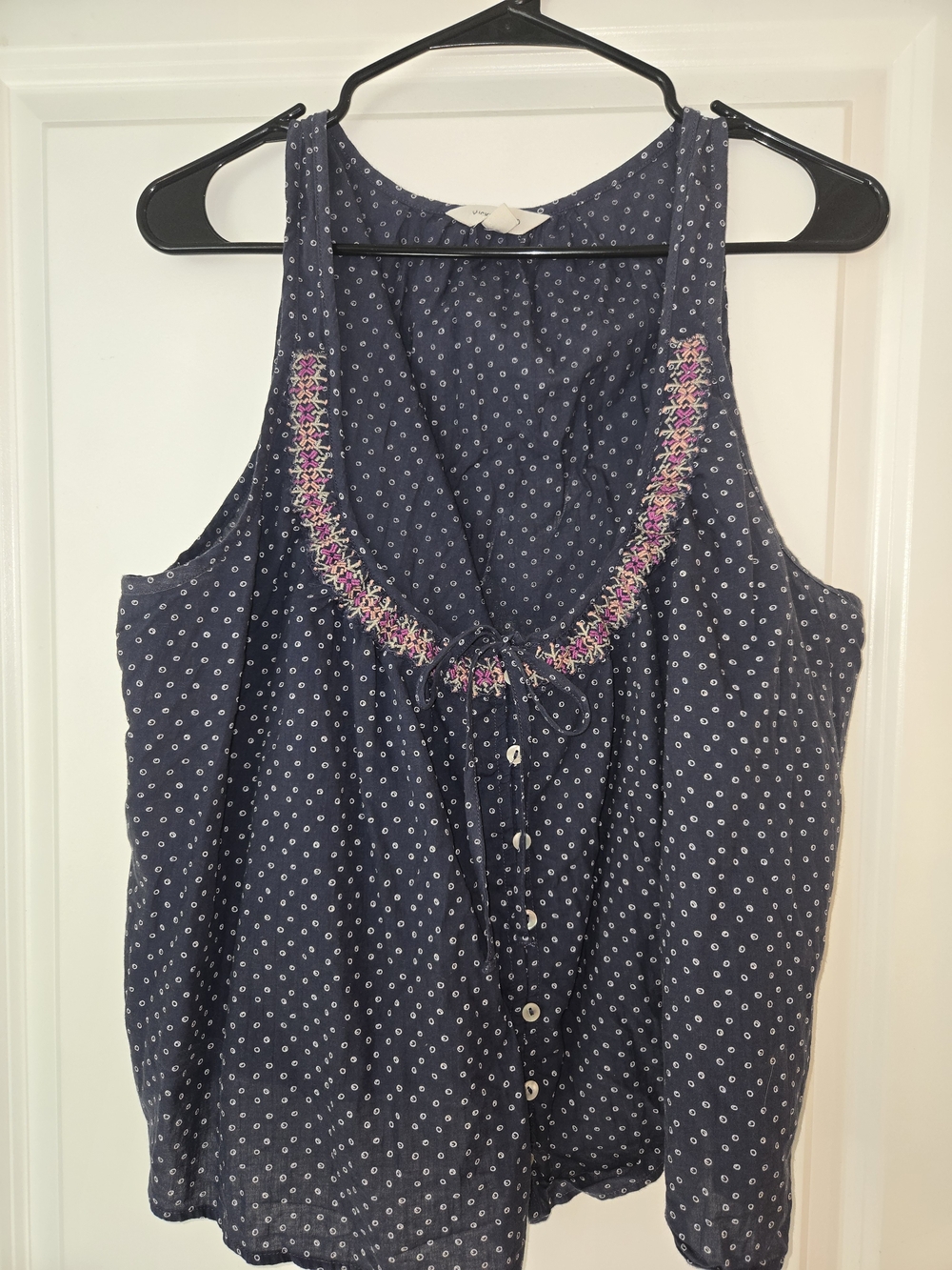 Lucky Brand Navy Polka Dot Camisole with Pink Embroidery